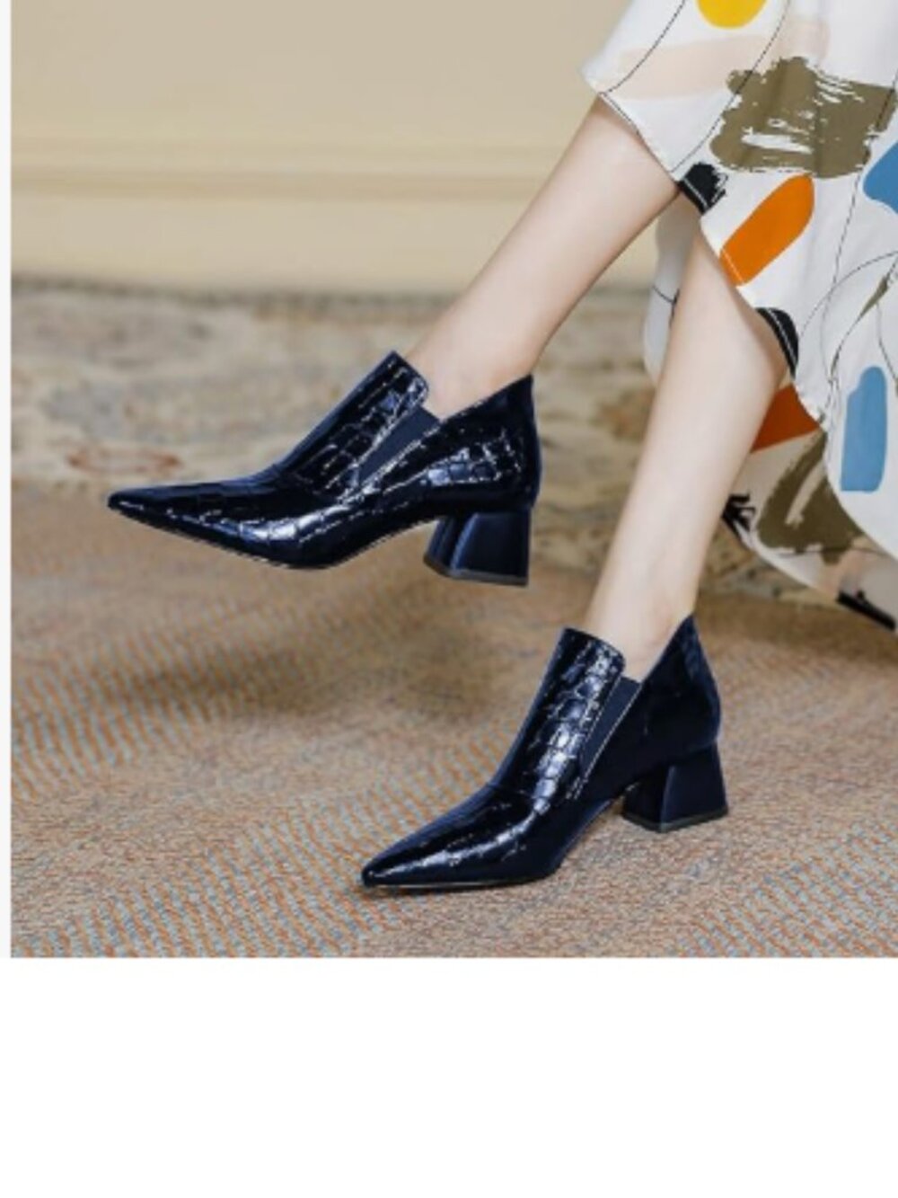 YDN Blue Sexy Pointed Toe Ankle Boots Chunky Low Heel Pull on Elastic Shoe